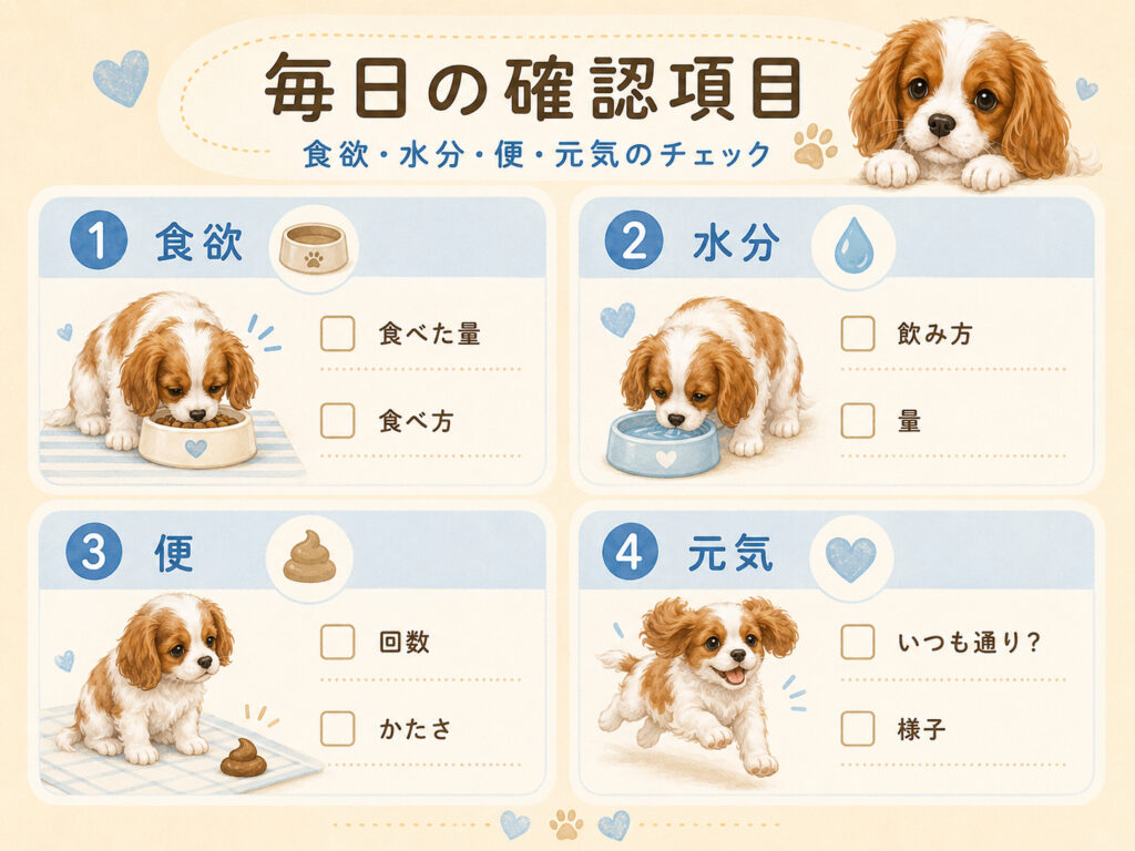 食欲・水分・便・元気を毎日確認するチェックリストのイラストとキャバリアの子犬