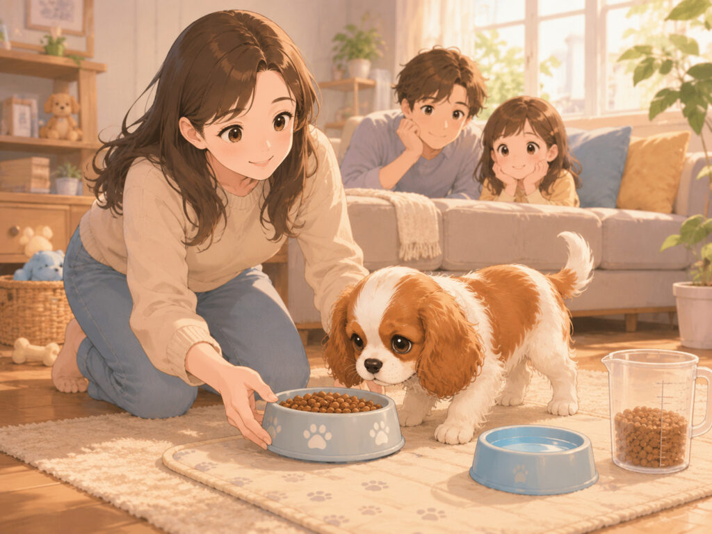 食器の前でドライフードを食べるキャバリアの子犬。そばに計量カップと水皿