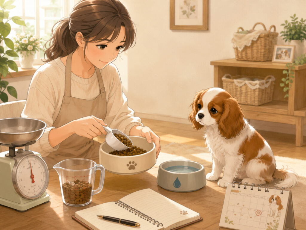 キッチンスケールと計量カップでフードを準備する飼い主と、それを見つめるキャバリアの子犬
