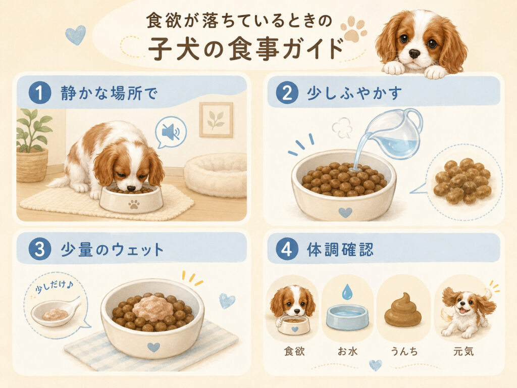 食欲が落ちたときの対応4項目の図解(静かな場所・少しふやかす・少量のウェット・体調確認)