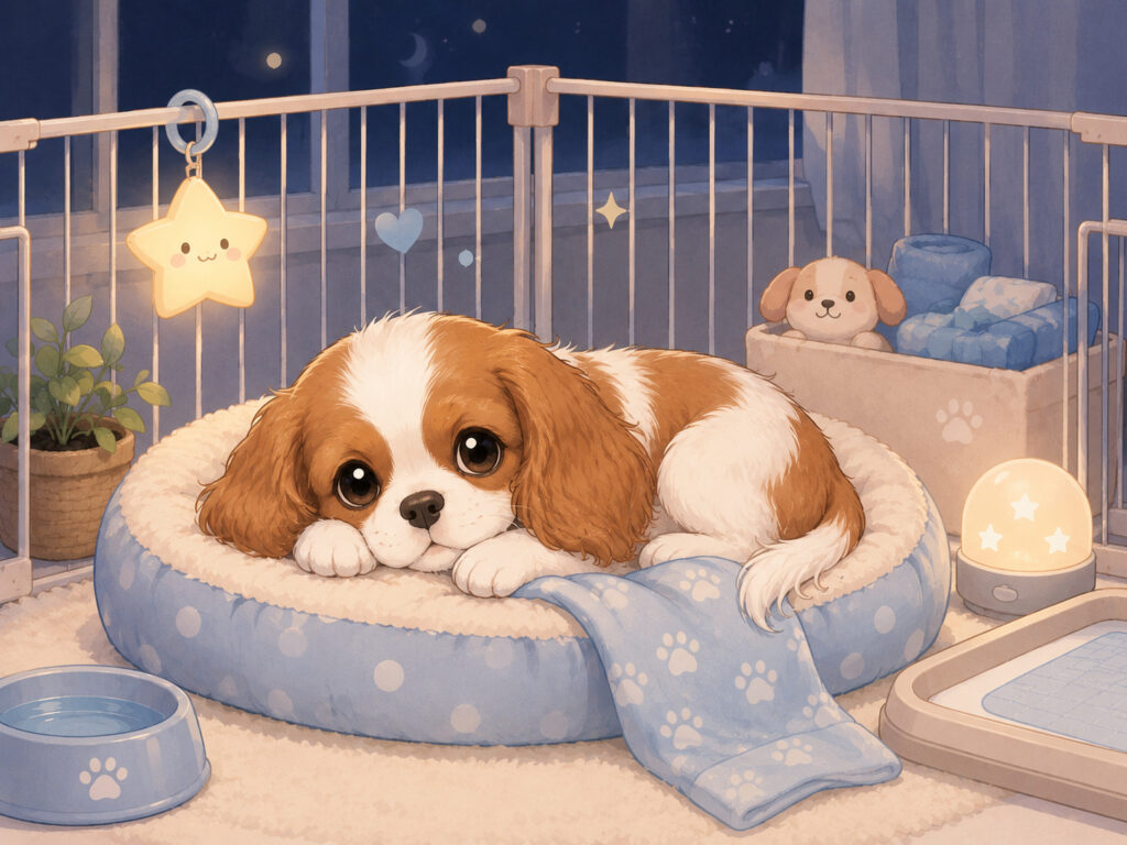 夜、ケージ内で落ち着いて眠っている子犬
