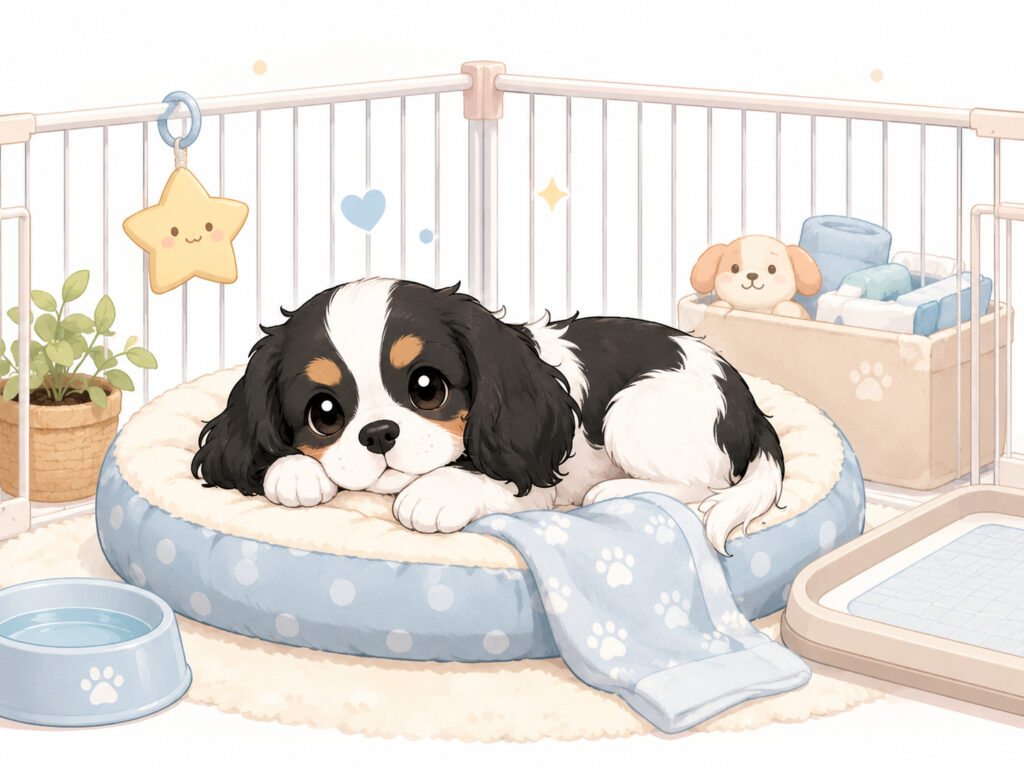 ケージの中のベッドで安心して休んでいるキャバリアの子犬