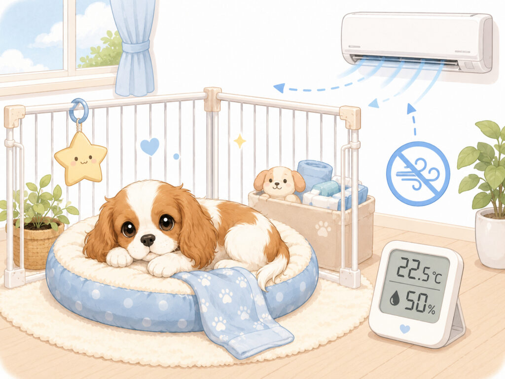 床近くの温湿度計と直風を避けて休む子犬