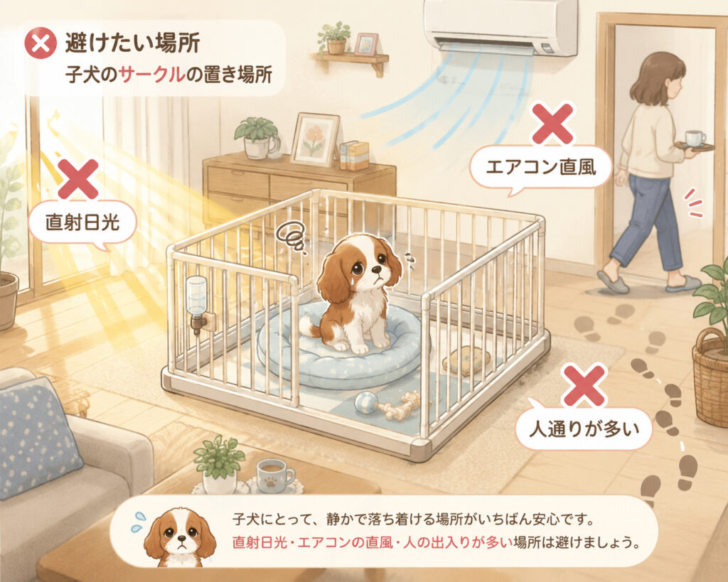 サークルの設置場所の良い例・悪い例（直射日光やエアコン直風を避ける）