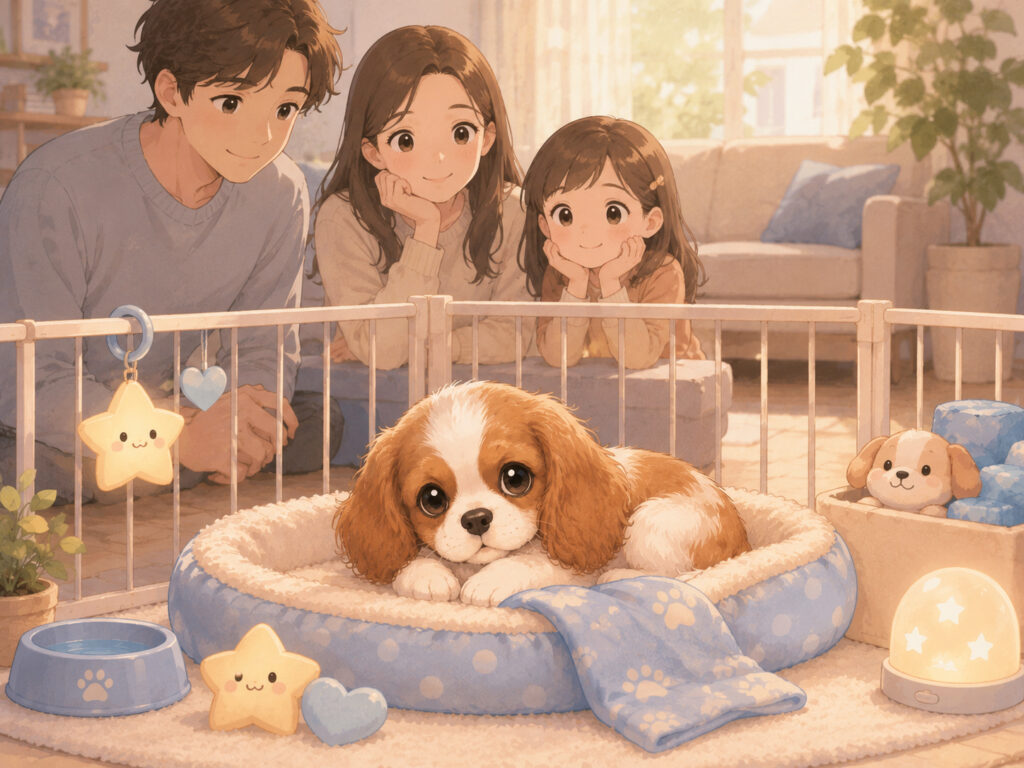 新しいおうちで家族に見守られるキャバリアの子犬